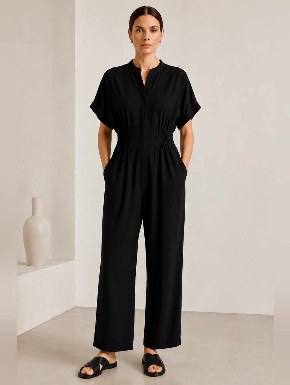 Jaeger Black Viscose Utility Jumpsuit Oversized Office Minimalist WorkWear Uk16